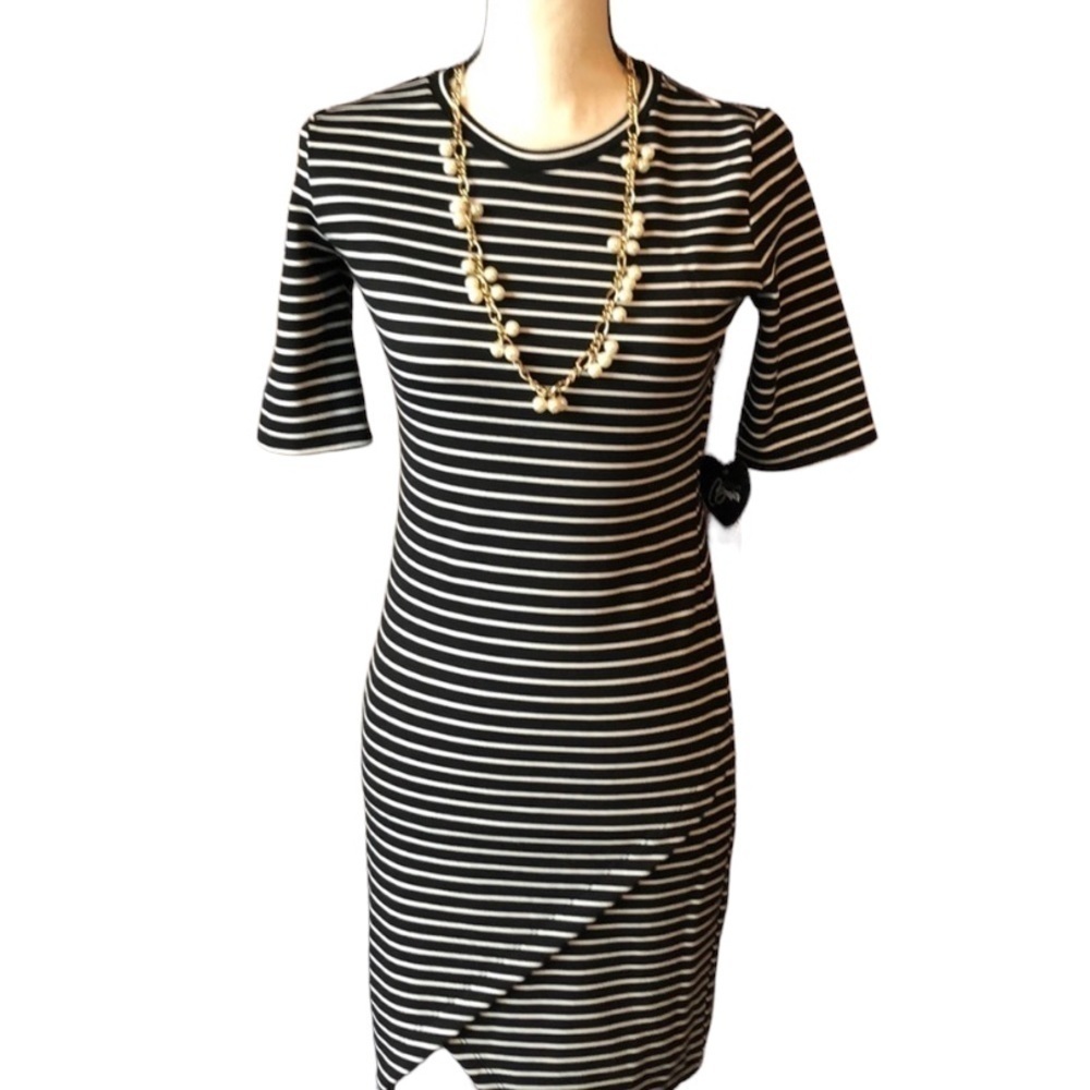 Popular Basics Black and White Striped Dress Asymmetrical Hem Size Large New